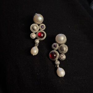 Judith Ripka Drop Earrings Pearl Amethyst Garnet CZ in Sterling Silver